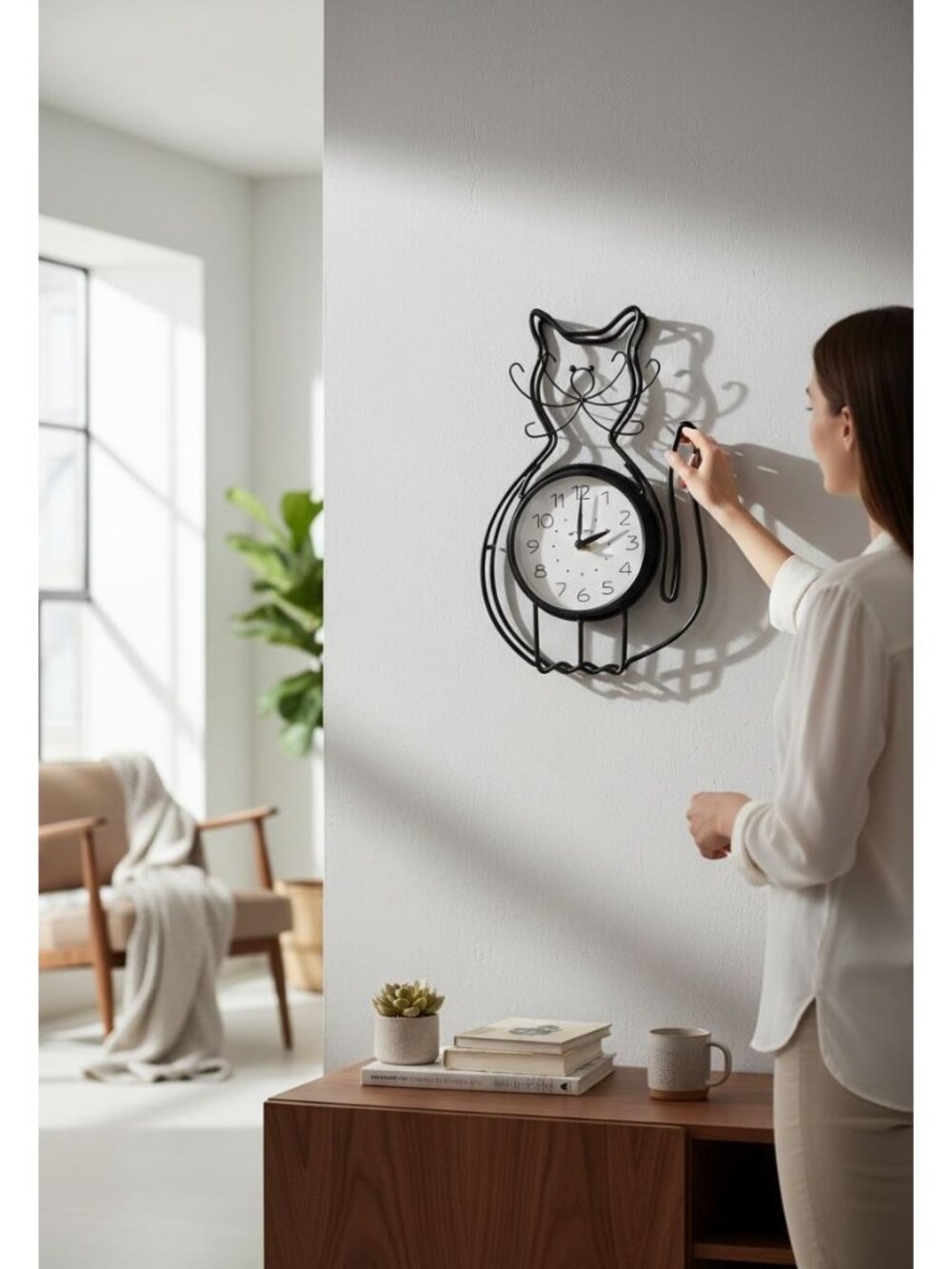Vintage Black Metal Cat Wall Clock With White Face & Quartz Movement
